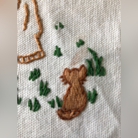 Vintage Embroidered Piece “Girl with Cat” Unframed 8.5”x6,5” Finished Handmade - Picture 10 of 11